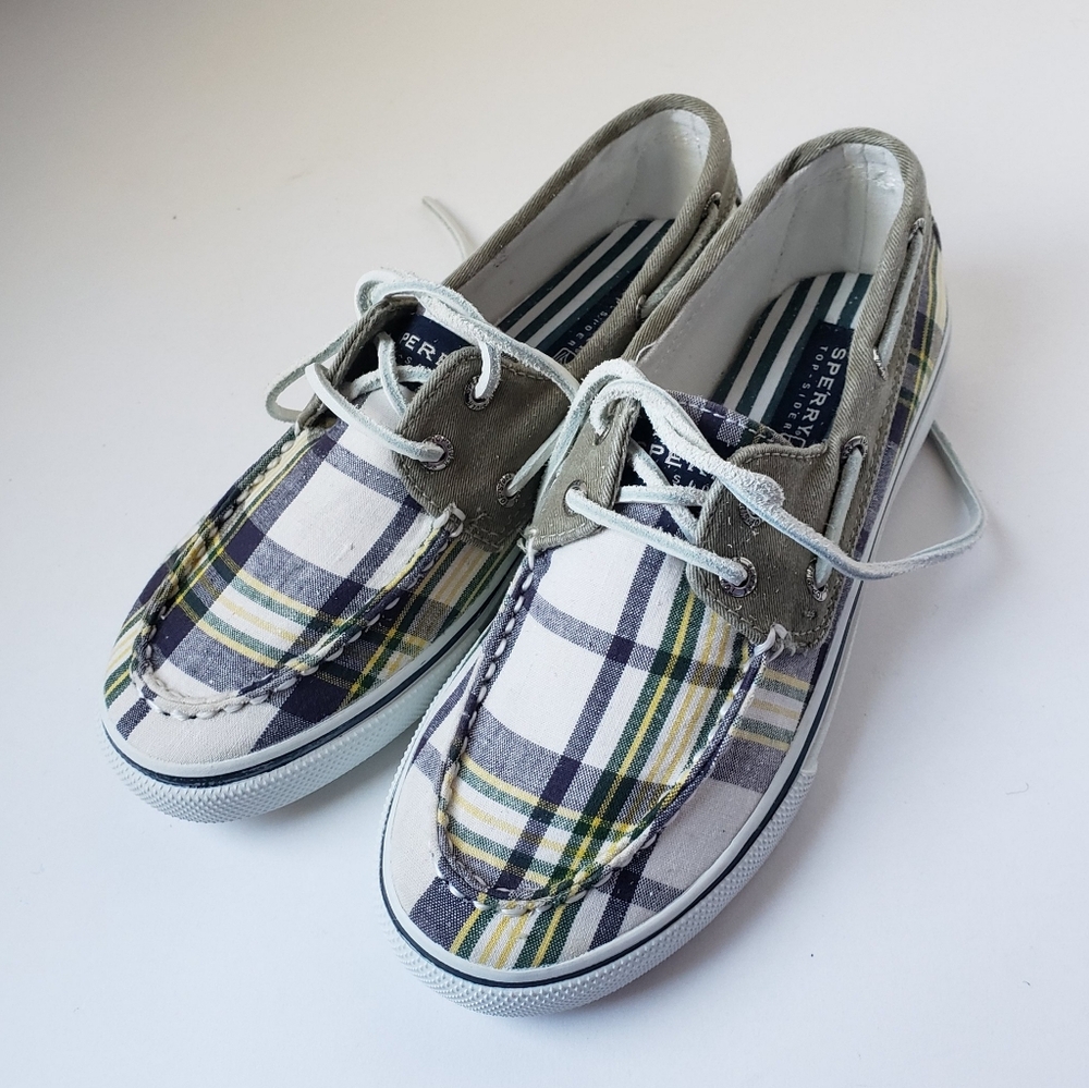 SPERRY TOP-SIDER Bahama 2 tone Green Yellow Blue Plaid Boat Shoes Women Size 5